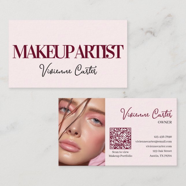 Blush Pink Black Script Photo Makeup Mini Business Card (Front/Back)
