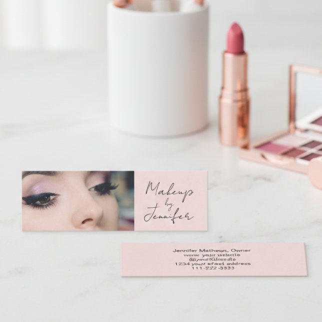 Blush Pink Black Script Photo Makeup Mini Business Card (Creator Uploaded)