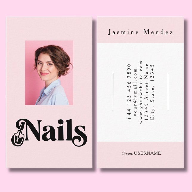 Blush Pink Black Script Photo Nail Technician Business Card (Creator Uploaded)