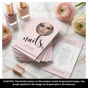 Blush Pink Black Script Photo Nails Specialist Business Card