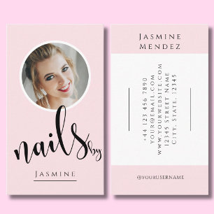 Blush Pink Black Script Photo Nails Specialist Business Card