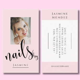Blush Pink Black Script Photo Nails Specialist Business Card