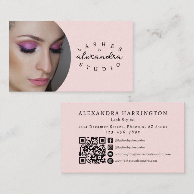 Blush Pink Black Script Photo Qr Code Social Icon Business Card (Front/Back)