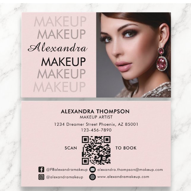 Blush Pink Black Script Photo Qr Code Social Icon Business Card (Creator Uploaded)