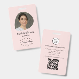 Blush Pink Black Script Photo QR Lashes Staff ID Badge