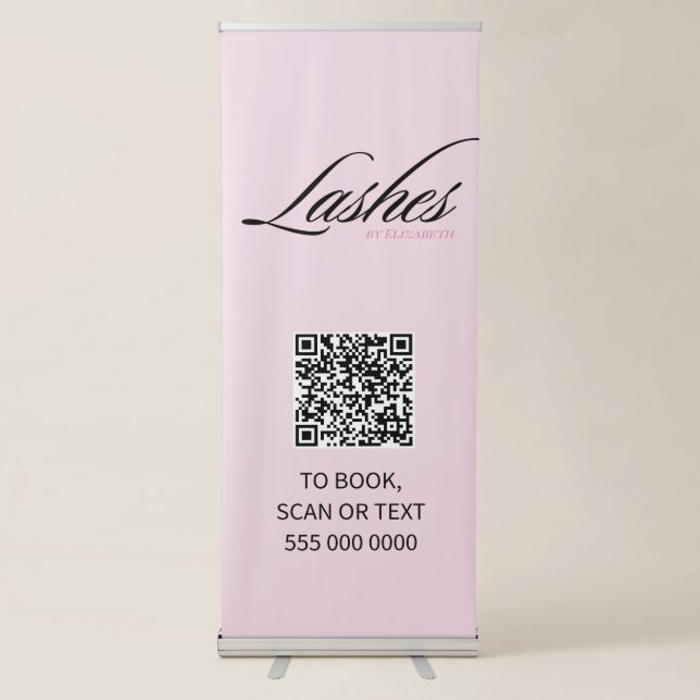 Blush Pink Black Script QR Code Lashes Business Retractable Banner (Front)