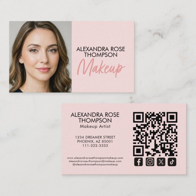 Blush Pink Black Script Qr Code Social Icon Makeup Business Card (Front/Back)
