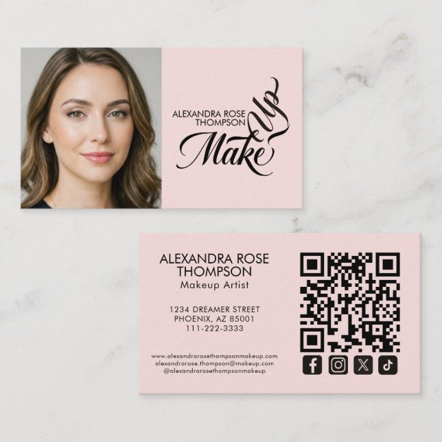 Blush Pink Black Script Qr Code Social Icon Makeup Business Card (Front/Back)