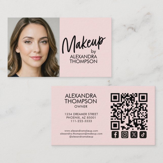 Blush Pink Black Script Qr Code Social Icon Makeup Business Card (Front/Back)