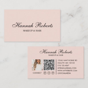 Blush Pink Black Script Social QR Code Hair Makeup Business Card