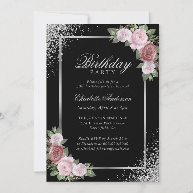 Blush Pink Black Silver Floral Birthday Party Invitation (Front)