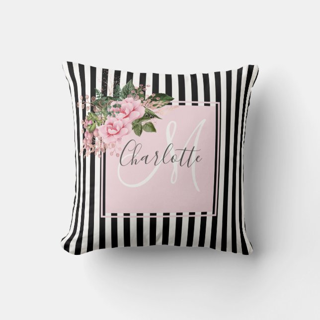 Blush pink black stripes floral monogram  cushion (Front)