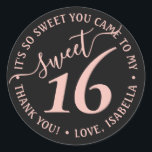 Blush Pink Black Sweet 16th Birthday Party Favour Classic Round Sticker<br><div class="desc">Add a chic and trendy finishing touch to envelopes and favours with these pink and black sweet 16th birthday party round stickers. Design features a girly blush pink handwritten style script typography on a modern black background. Text in a circle is simple to customise. These elegant labels make a stylish...</div>