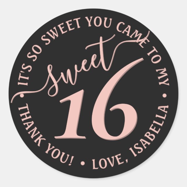 Blush Pink Black Sweet 16th Birthday Party Favour Classic Round Sticker (Front)