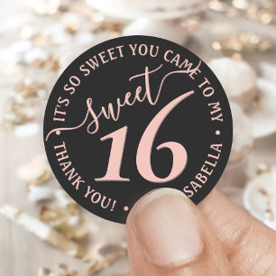 Blush Pink Black Sweet 16th Birthday Party Favour Classic Round Sticker