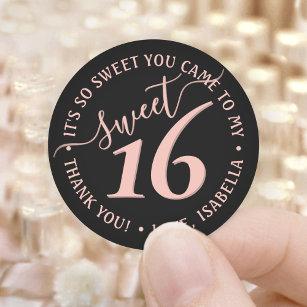 Blush Pink Black Sweet 16th Birthday Party Favour Classic Round Sticker