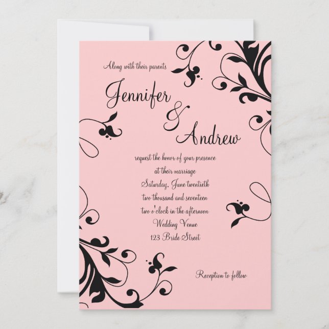 Blush Pink Black Swirls Pearl Wedding Invitation (Front)