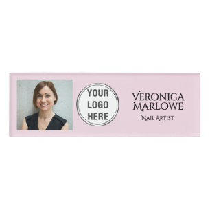 Blush Pink Black Typography Logo Photo Nail Salon Name Tag