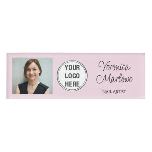 Blush Pink Black Typography Logo Photo Nail Salon Name Tag