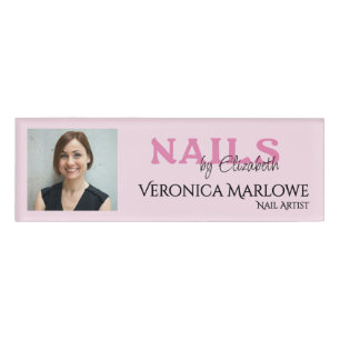 Blush Pink Black Typography Photo Nail Salon Name Tag
