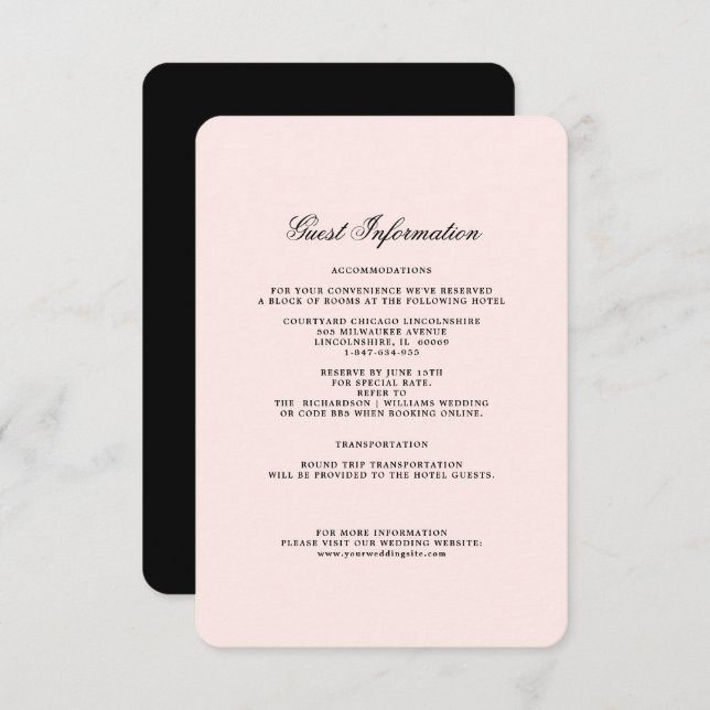 Blush Pink | Black Wedding Details Card (Front/Back)
