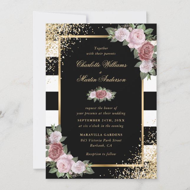Blush Pink Black White Gold Confetti Wedding Invitation (Front)