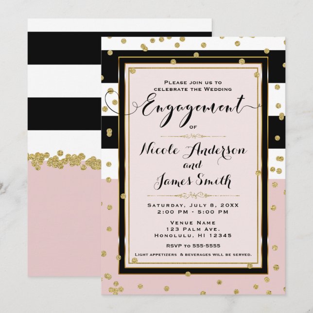 Blush Pink Black White Gold Glam Engagement Party Invitation (Front/Back)