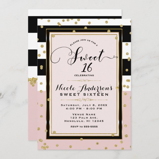 Blush Pink Black White & Gold Glam SWEET 16 Party Invitation (Front/Back)