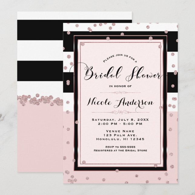 Blush Pink Black White Rose Gold Bridal Shower Invitation (Front/Back)