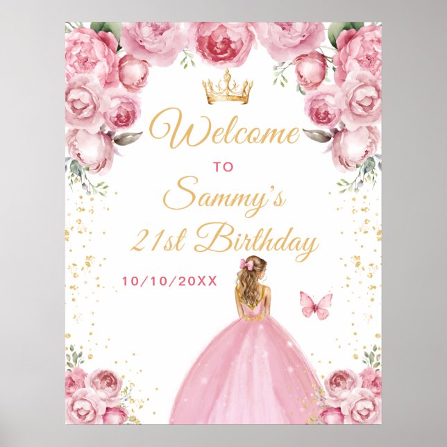 Blush Pink Blonde Hair Princess Birthday Welcome Poster (Front)
