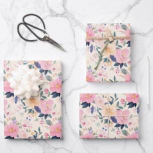 Blush Pink Bloom Elegant Floral Watercolor Cream Wrapping Paper Sheet