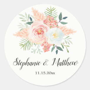 Blush Pink Bloom Floral Watercolor Wedding Classic Round Sticker
