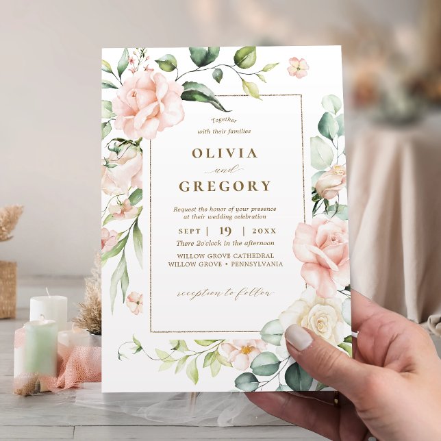 Blush Pink Bloom Gold Frame Wedding Invitation (Creator Uploaded)