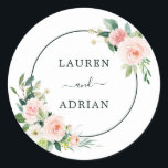 Blush Pink Bloom Wedding Classic Round Sticker<br><div class="desc">This wedding sticker features painted watercolor flowers in blush pink,  white,  and green foliage with a circle frame. For more advanced customisation of this design,  Please click the "Customise further" link.</div>