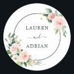 Blush Pink Bloom Wedding Classic Round Sticker<br><div class="desc">This wedding sticker features painted watercolor flowers in blush pink,  white,  and green foliage with a circle frame. For more advanced customisation of this design,  Please click the "Customise further" link.</div>