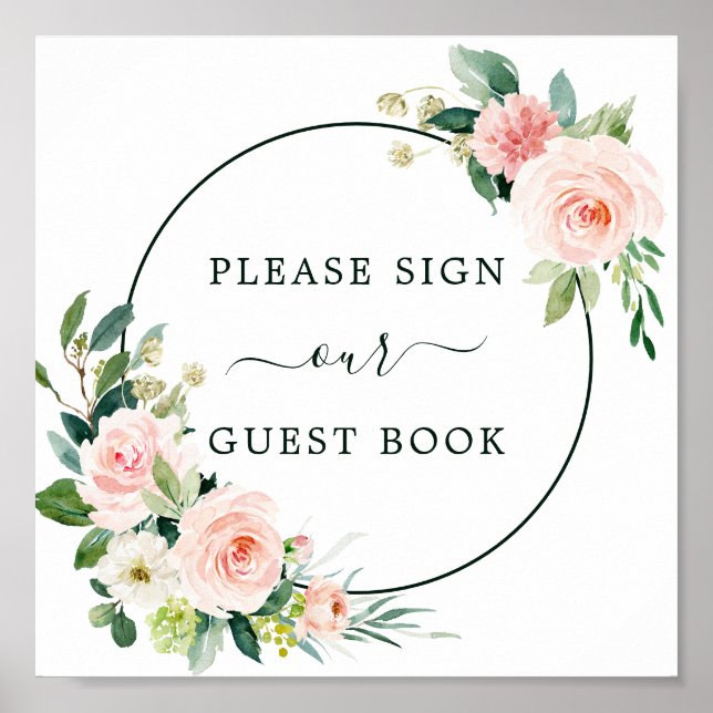 Blush Pink Bloom Wedding Guest Book Sign (Front)