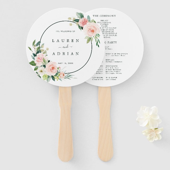 Blush Pink Bloom Wedding Program Hand Fan (Front and Back)