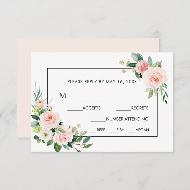 Blush Pink Bloom Wedding RSVP with Meal Choice (Front/Back)