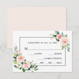 Blush Pink Bloom Wedding RSVP with Meal Choice Card