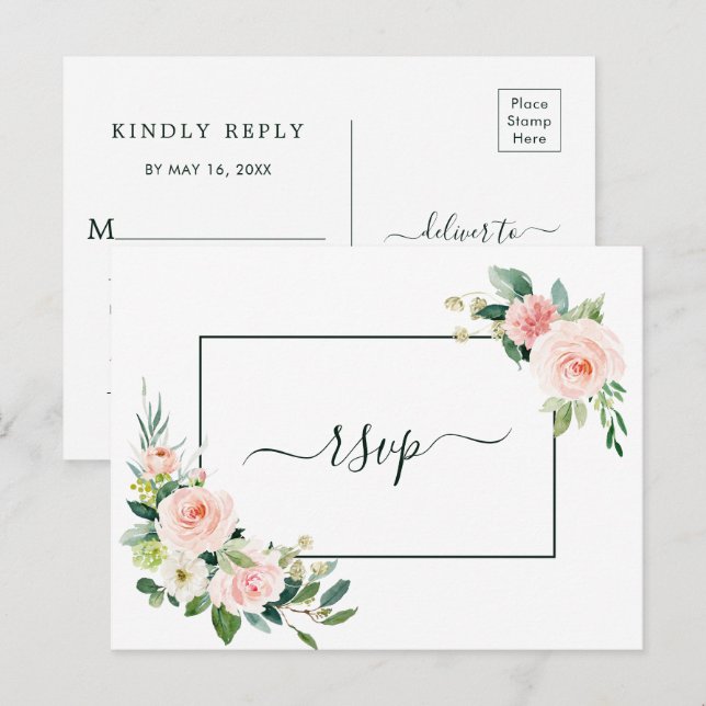 Blush Pink Bloom Wedding RSVP with Meal Choice Invitation Postcard (Front/Back)
