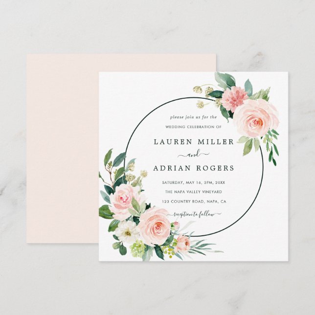 Blush Pink Bloom Wedding Square Invitation (Front/Back)
