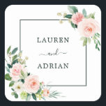 Blush Pink Bloom Wedding Square Sticker<br><div class="desc">This wedding sticker features painted watercolor flowers in blush pink,  white,  and green foliage with a square frame. For more advanced customisation of this design,  Please click the "Customise further" link.</div>
