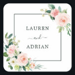 Blush Pink Bloom Wedding Square Sticker<br><div class="desc">This wedding sticker features painted watercolor flowers in blush pink,  white,  and green foliage with a square frame. For more advanced customisation of this design,  Please click the "Customise further" link.</div>