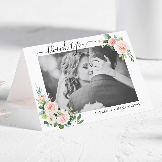 Blush Pink Bloom Wedding Thank You Photo Card (Creator Uploaded)