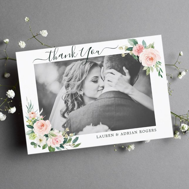 Blush Pink Bloom Wedding Thank You Photo Card (Creator Uploaded)