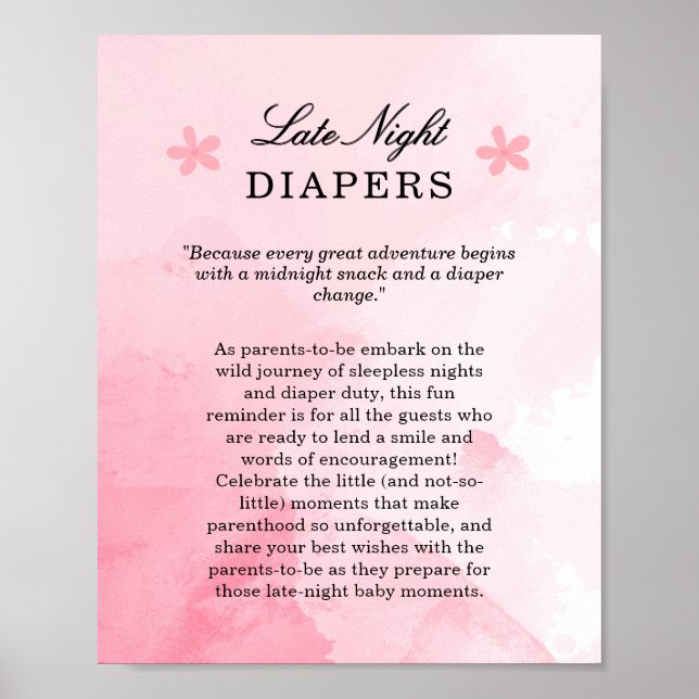 Blush Pink Blooming Baby Shower Late Night Diapers Poster (Front)