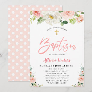 blush pink blooms floral Baptism invitation