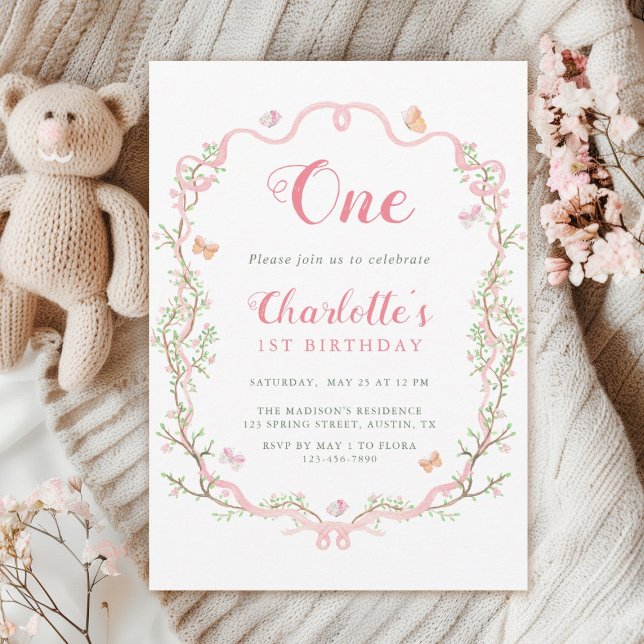 Blush Pink Blossom Floral 1st Birthday Party  Invitation (Creator Uploaded)
