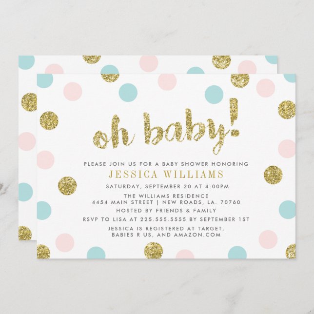 Blush Pink, Blue and Gold Baby Shower Invitation (Front/Back)