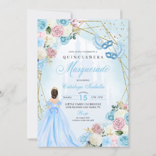Blush Pink Blue Cinderella Masquerade Quinceanera Invitation